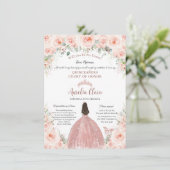 Quinceañera Blush Bloemen Roos Goud Dama Voorstel Kaart (Staand voorkant)