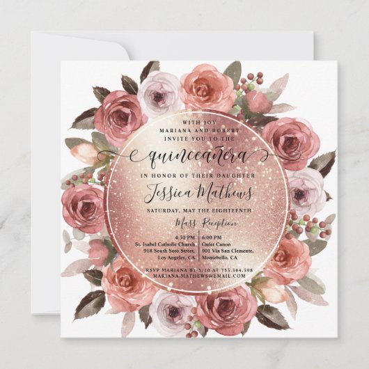 Quinceanera Blush Bloemen Roos Gouden Glitter Kaart (Voorkant)
