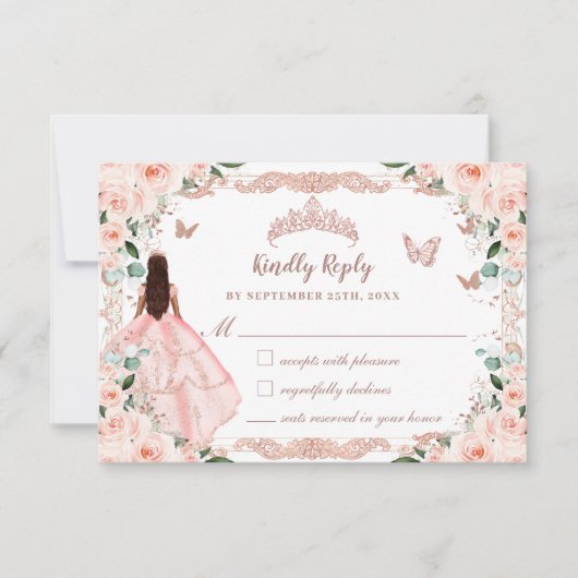 Quinceañera Blush Bloemen Roos Gouden Jurk RSVP Kaartje (Voorkant)