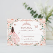 Quinceañera Blush Bloemen Roos Gouden Jurk RSVP Kaartje (Staand voorkant)