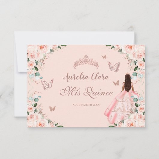 Quinceañera Blush Bloemen  Roos Gouden Jurk RSVP Kaartje (Achterkant)