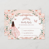 Quinceañera Blush Bloemen Roos Gouden Jurk RSVP Kaartje (Voorkant / Achterkant)
