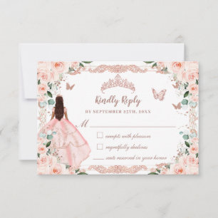 Quinceañera Blush Bloemen  Roos Gouden Jurk RSVP Kaartje
