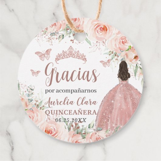 Quinceanera Blush Bloemen Roos Gouden Prinses Jurk Bedankjes Labels (Achterkant)