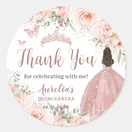 Quinceanera Blush Bloemen Roos Gouden Prinses Jurk Ronde Sticker (Voorkant)