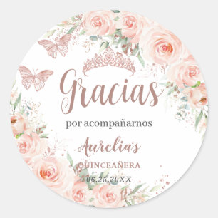 Quinceañera Blush Bloemen Roos Gouden Vlinders Ronde Sticker