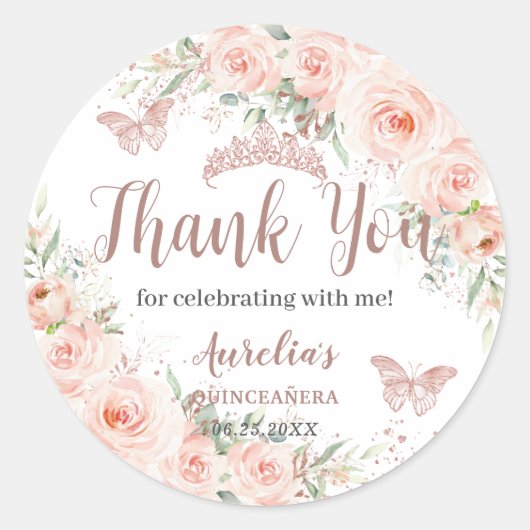 Quinceanera Blush Bloemen Roos Gouden Vlinders Ronde Sticker (Voorkant)