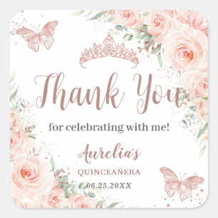 Quinceanera Blush Bloemen Roos Gouden Vlinders Vierkante Sticker