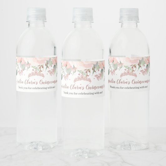Quinceañera Blush Bloemen Roos Gouden Vlinders Waterfles Etiket (Flessen)