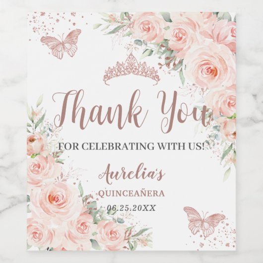 Quinceañera Blush Bloemen Roos Gouden Vlinders Wijn Etiket (Enkel label)