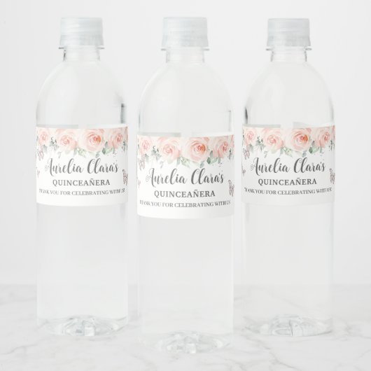Quinceañera Blush Bloemen Vlinder Zoete Verjaardag Waterfles Etiket (Flessen)