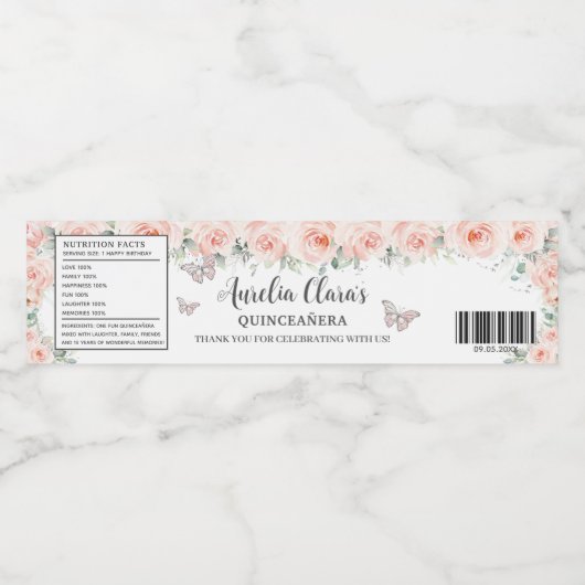 Quinceañera Blush Bloemen Vlinder Zoete Verjaardag Waterfles Etiket (Enkel label)