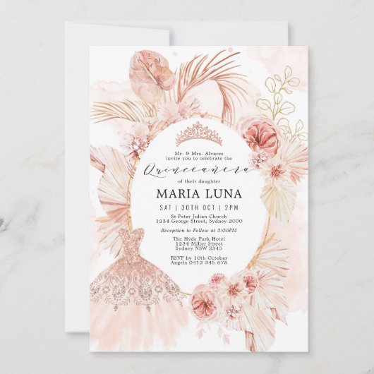 Quinceañera Blush Boho Floral Pampas Grass Dress Kaart (Voorkant)
