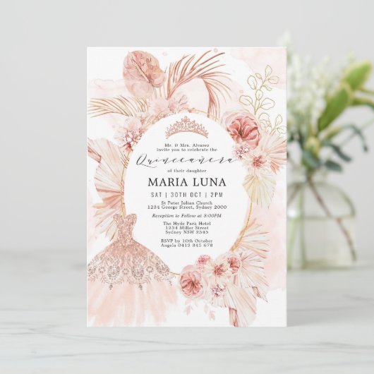 Quinceañera Blush Boho Floral Pampas Grass Dress Kaart (Staand voorkant)