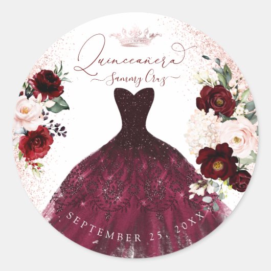 Quinceanera Blush Burgundy Waterverf Flowers Clas Ronde Sticker (Voorkant)