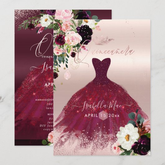 Quinceanera Blush Burgundy Waterverf Flowers Kaart (Voorkant / Achterkant)