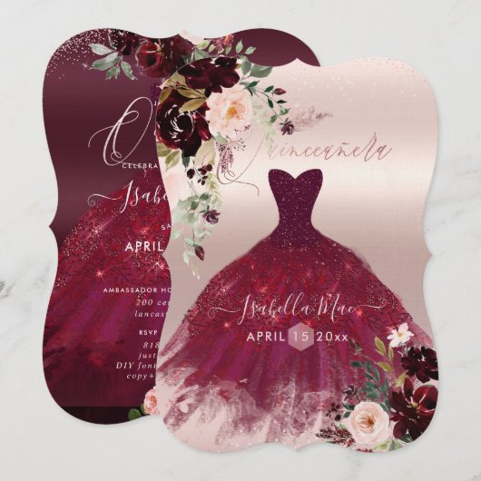Quinceanera Blush Burgundy Waterverf Flowers Kaart (Voorkant / Achterkant)
