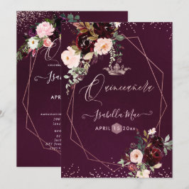 Quinceanera Blush Burgundy Waterverf Flowers Kaart