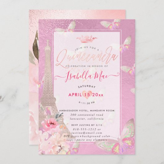 Quinceanera Blush Eiffeltoren, Butterflies Kaart (Voorkant / Achterkant)