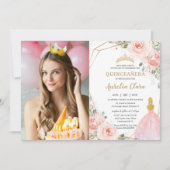 Quinceañera Blush Floral Blonde Birthday Foto Kaart (Voorkant)