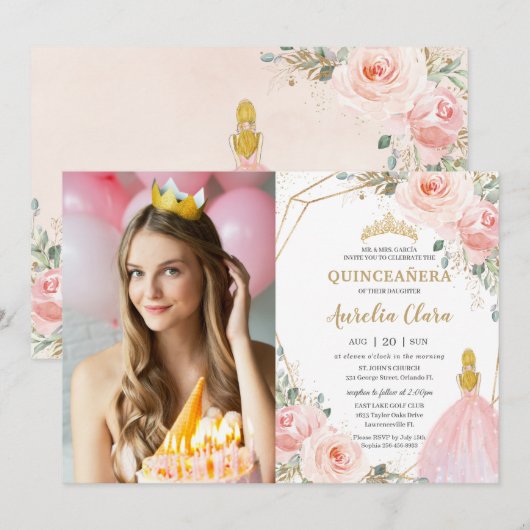 Quinceañera Blush Floral Blonde Birthday Foto Kaart (Voorkant / Achterkant)