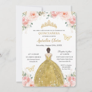 Quinceañera Blush Floral Butterflies Gold Princess Kaart