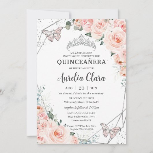 Quinceañera Blush Floral Butterflies Silver Crown Kaart (Voorkant)