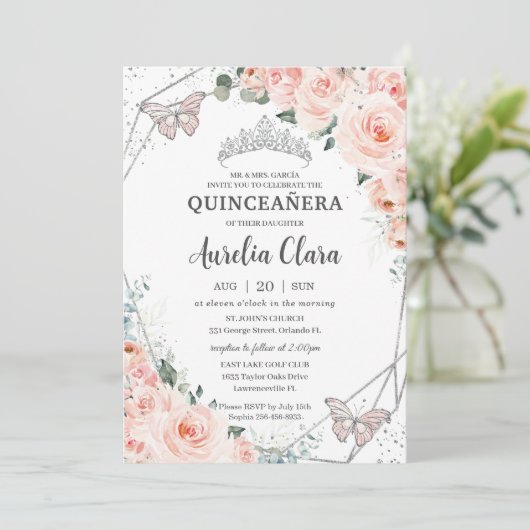 Quinceañera Blush Floral Butterflies Silver Crown Kaart (Staand voorkant)