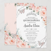 Quinceañera Blush Floral Butterflies Silver Crown Kaart (Voorkant / Achterkant)