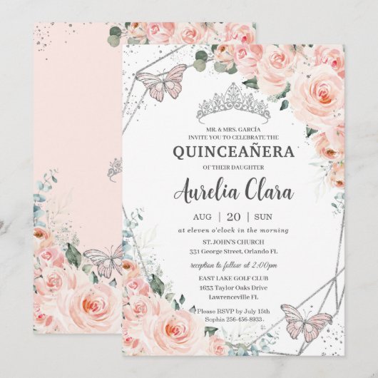 Quinceañera Blush Floral Butterflies Silver Crown Kaart (Voorkant / Achterkant)