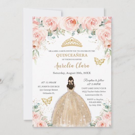 Quinceañera Blush Floral Champagne Dress Princess Kaart (Voorkant)