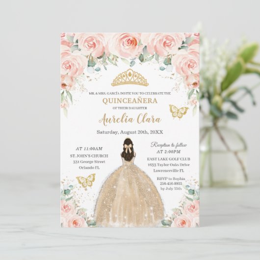Quinceañera Blush Floral Champagne Dress Princess Kaart (Staand voorkant)