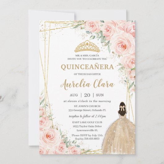 Quinceañera Blush Floral Champagne Dress Princess Kaart (Voorkant)