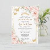 Quinceanera Blush Floral Champange Butterflies Kaart (Staand voorkant)