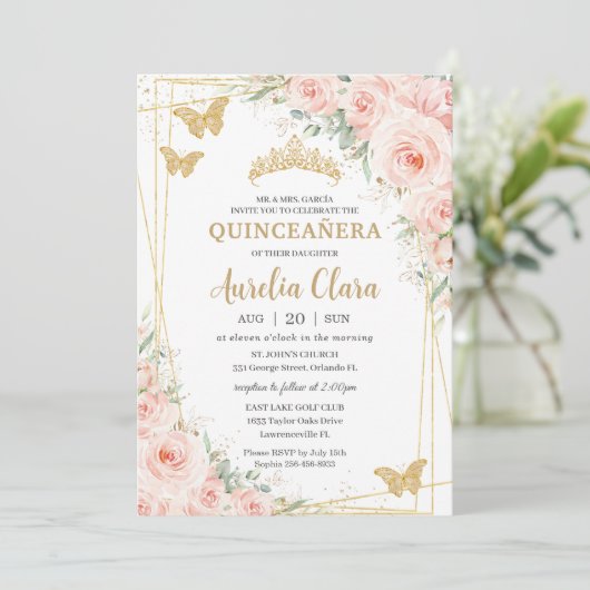 Quinceanera Blush Floral Champange Butterflies Kaart (Staand voorkant)