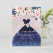 Quinceanera Blush Floral Navy Blue Glitter Gown Kaart (Staand voorkant)