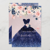 Quinceanera Blush Floral Navy Blue Glitter Gown Kaart (Voorkant / Achterkant)