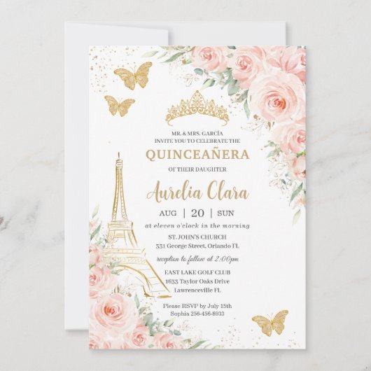 Quinceañera Blush Floral Paris Eiffel Champagne Kaart (Voorkant)