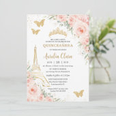 Quinceañera Blush Floral Paris Eiffel Champagne Kaart (Staand voorkant)