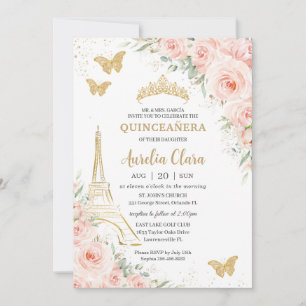 Quinceañera Blush Floral Paris Eiffel Champagne Kaart