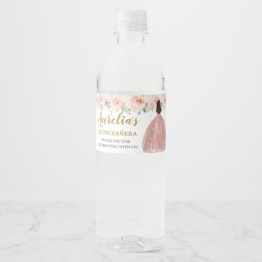 Quinceañera Blush Floral Princess 16th Birthday Waterfles Etiket (Voorkant)