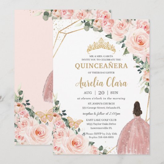 Quinceañera Blush Floral Princess Gold Crown Kaart (Voorkant / Achterkant)