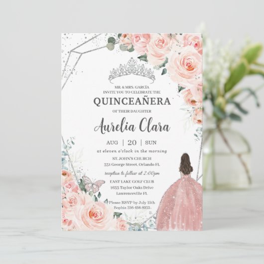Quinceañera Blush Floral Princess Silver Crown Kaart (Staand voorkant)