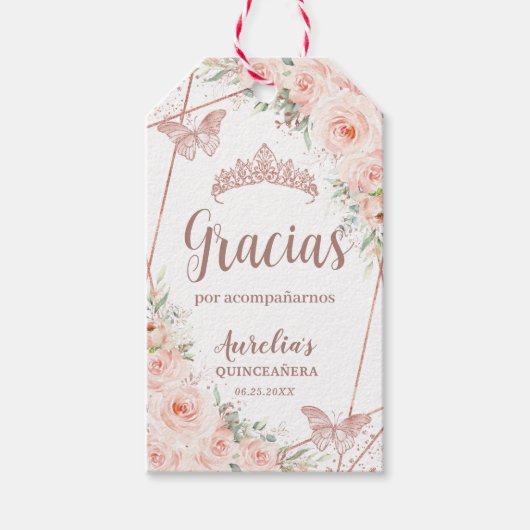 Quinceañera Blush Floral Roos Gold Butterfly Cadeaulabel (Voorkant)