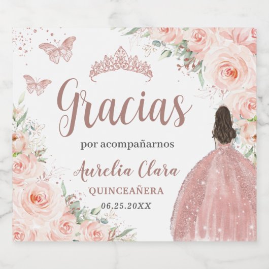 Quinceañera Blush Floral Roos Gold Dress Princess Sparkling Wijnetiket (Enkel label)