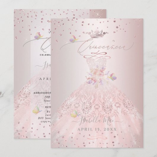 Quinceanera Blush Glitter Gown Sweet Peas Kaart (Voorkant / Achterkant)