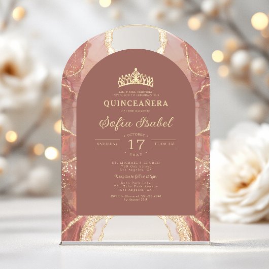 Quinceañera Blush Gold Agaat Elegant Acryl Uitnodigingen
