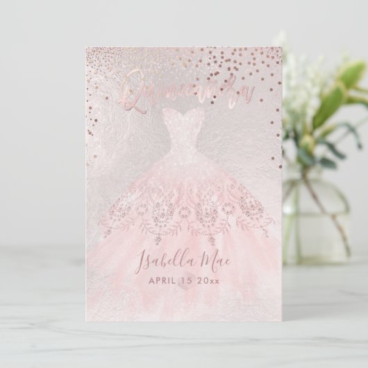 Quinceanera Blush Gown+Confetti Iridescent Bckgran Kaart (Staand voorkant)