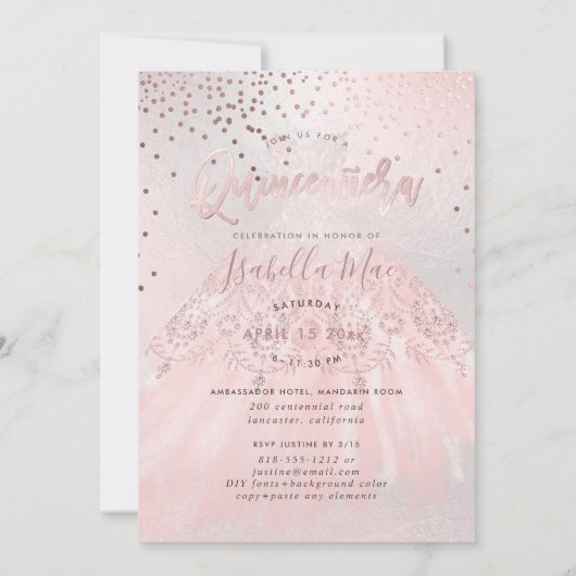 Quinceanera Blush Gown+Confetti Iridescent Bckgran Kaart (Achterkant)