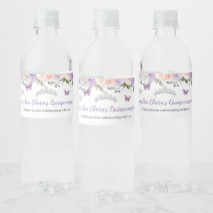 Quinceañera Blush Lila Bloemen Zilveren Vlinders Waterfles Etiket